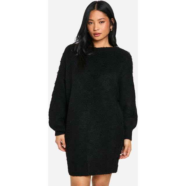 Womens Petite Brushed Low Back Oversized Jumper Dress - Black - L
