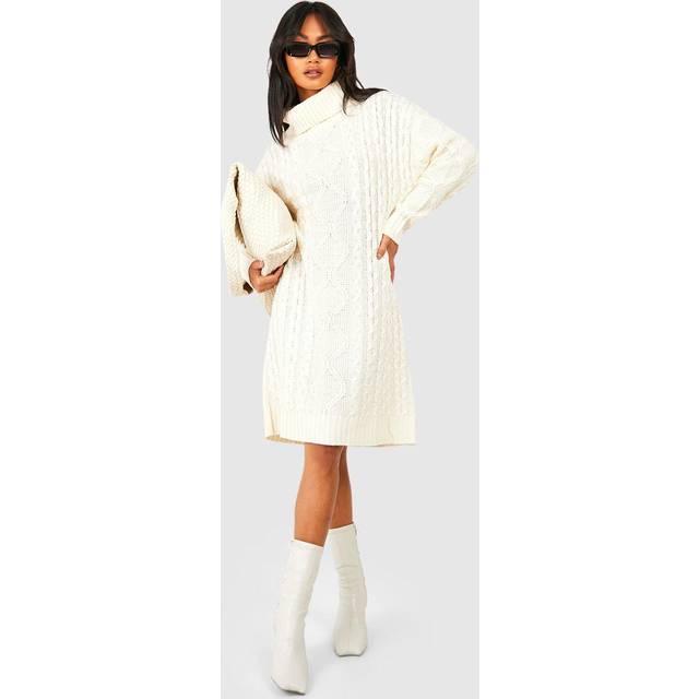Womens Chunky Oversized Roll Neck Jumper Dress - White - Xs, White