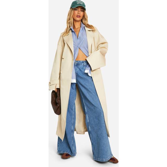 Womens Oversized Double Breast Belted Cinched Back Trench Coat - Beige - 14, Beige