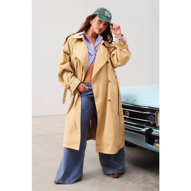 Womens Oversized Double Breast Belted Cinched Back Trench Coat - Beige - 16