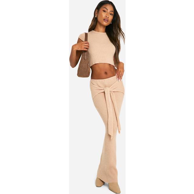 Womens Rib Knit Top & Draped Maxi Skirt Co-Ord - Beige - Xl, Beige