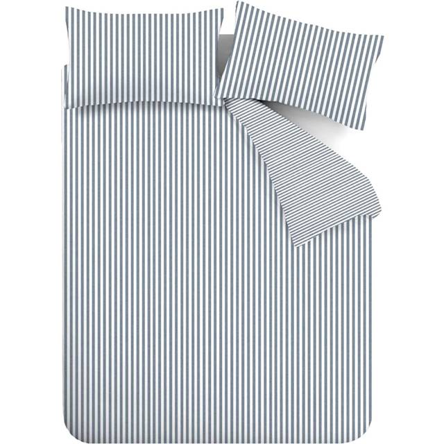 Catherine Lansfield Brushed Cotton Stripe Reversible Duvet Cover Set with Pillowcases - Blue