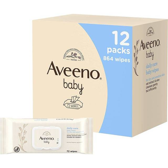 Aveeno Baby Dagliga vårdsdukar – känslig hud – rengör försiktigt och effektivt – babyvåtservetter – babynödvändigheter – paket med 12 (864 våtservetter totalt) [förpackningen kan variera]