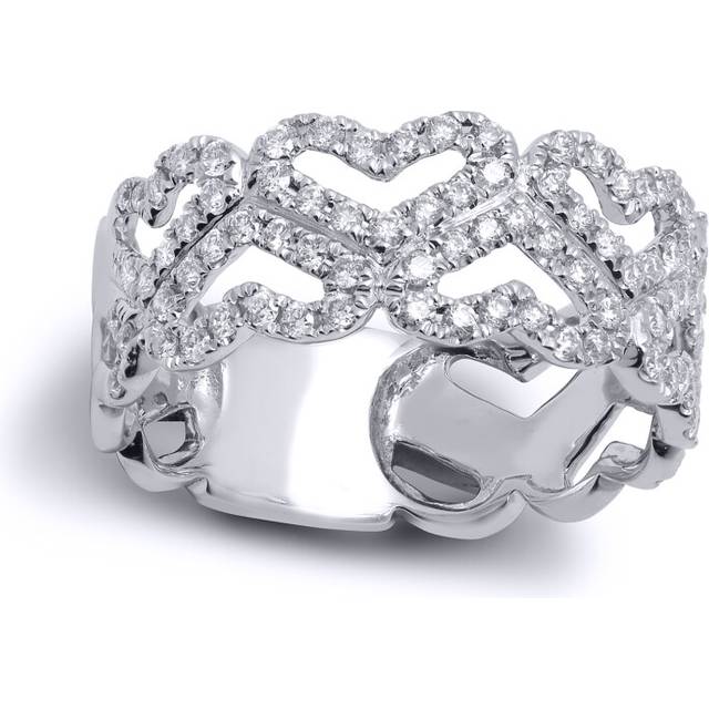 (M) Jewelco London Solid 9ct White Gold Pave Set Round G SI1 0.6ct Diamond Love Heart Zig Zag Eternity Ring 8mm - Silver