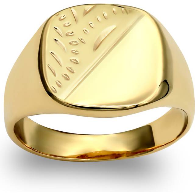 (Q) Jewelco London Men&#39;s Solid 9ct Yellow Gold Diamond Cut Square Cushion Signet Ring