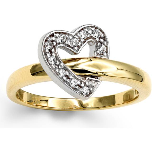 (Q) Jewelco London Ladies Solid 9ct Yellow and White Gold White Round Brilliant Cubic Zirconia Flip-Over Heart Wedding Ring