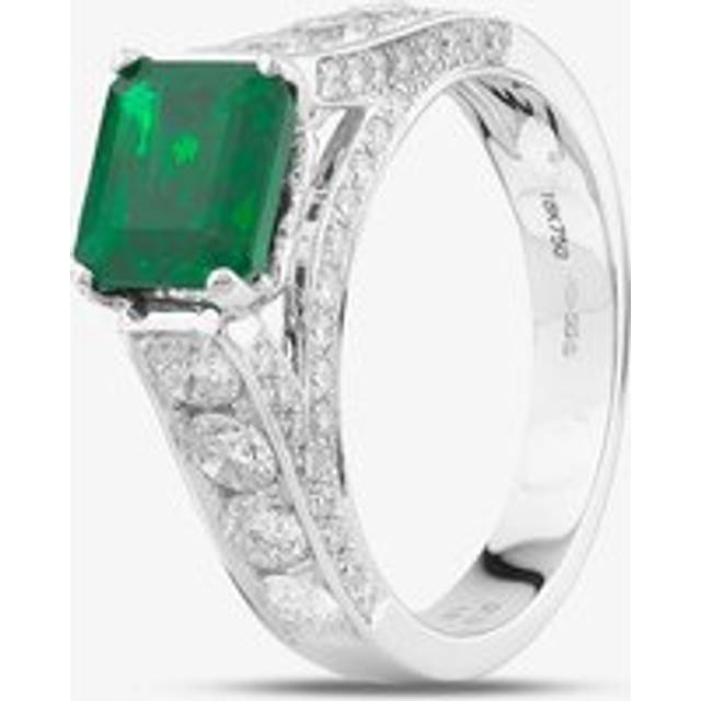 18ct White Gold 1.161ct Emerald Cut Sandawana Emerald & 1.19ct Brilliant Cut Diamond Shoulder Set Solitaire Ring BDL25 - Silver
