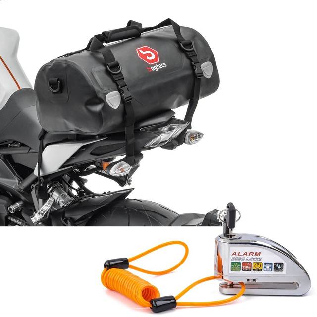 Set: Motorrad Hecktasche Drybag XF30 wd. Volumen 30l Bagtecs mit Bremssscheibenschloss Alarm 110dB chrom