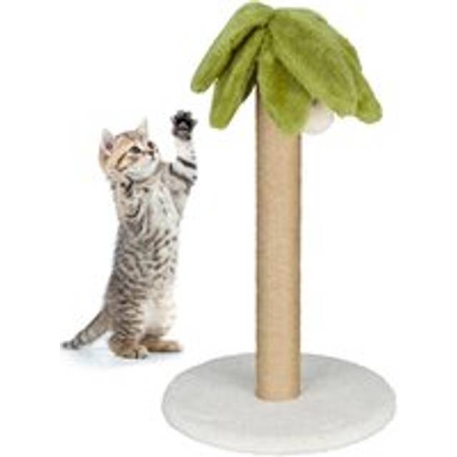 Cat Scratching Post, Cactus Design, hwd: 54 x 31 x 31 cm, Claw Care Pole with Pom-Pom, Linen Rope, Colourful - Relaxdays