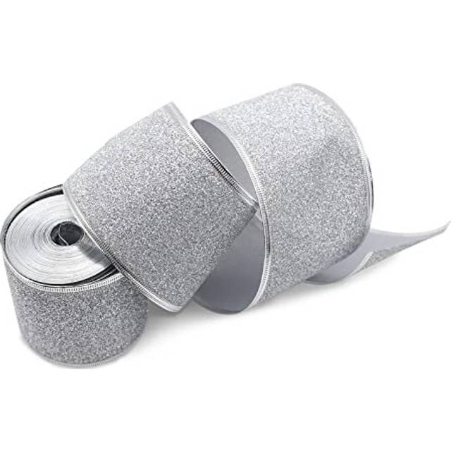 10M Silver Ribbon,Christmas Ribbon for Gift Wrapping, 63mm Metallic Organza Ribbon,Wired Ribbons for Crafting, Christmas Bows for Christmas Gifts,Tree