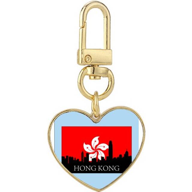 Hong Kong Architectural Landscape Outline Gold Heart Keychain Metal Keyring Holder