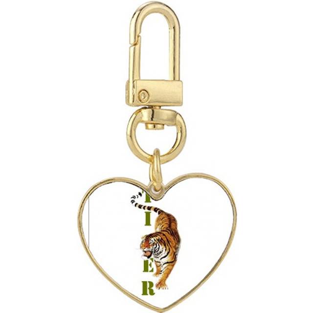 Cat Tiger Descends Mountain Ferocious Gold Heart Keychain Metal Keyring Holder