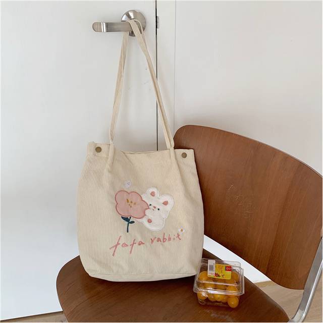(Floral Rabbit) Elegant Canvas Lined Corduroy Bag For Everyday Use Sweet Japanese Style Tote