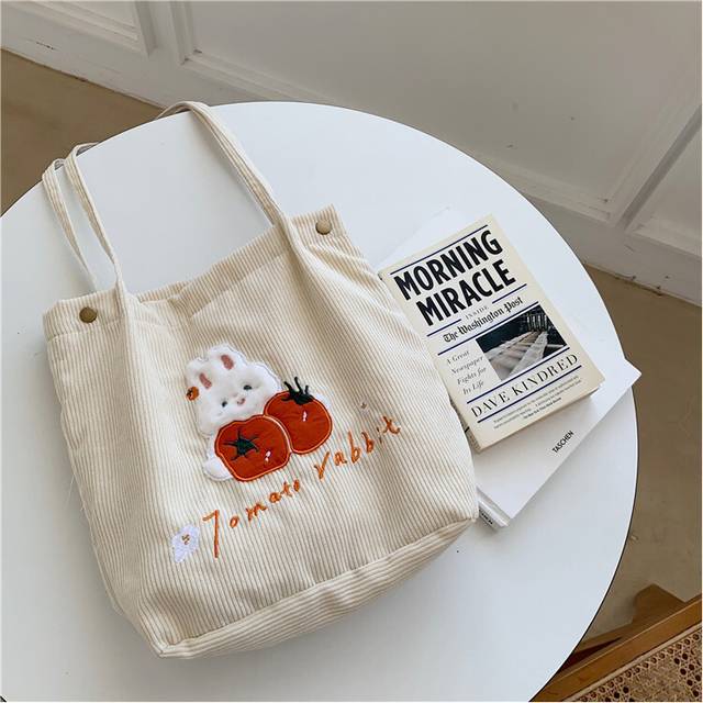(Tomato Rabbit) Elegant Canvas Lined Corduroy Bag For Everyday Use Sweet Japanese Style Tote