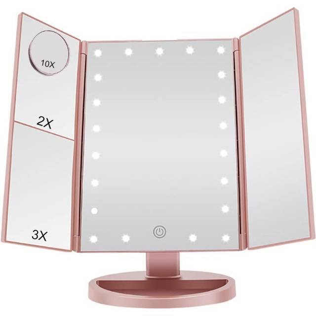Makeup Mirror with Light, Trifold Vanity Mirror 1x/2x/3x/10x Magnifying Mirror with LED Lights Touch Screen 180 Degree Adjustable Rotation Dual Power
