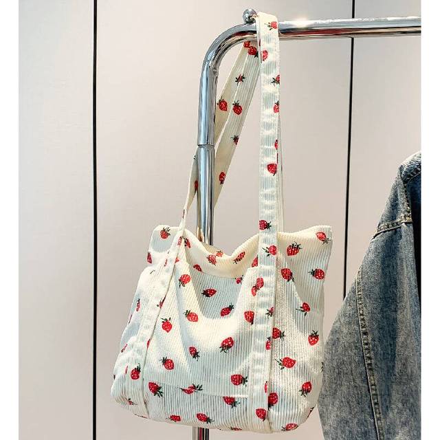 (White) Strawberry Pattern Large Capacity Shoulder Handbag Women Fashion Canvas Gift