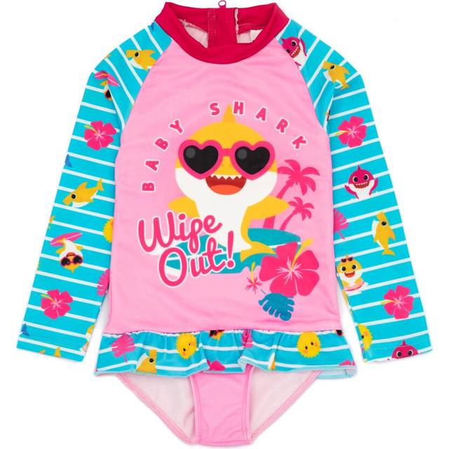 (12-18 Months, Blue/Pink) Baby Shark Girls Wipe Out! Long-Sleeved One Piece Swimsuit