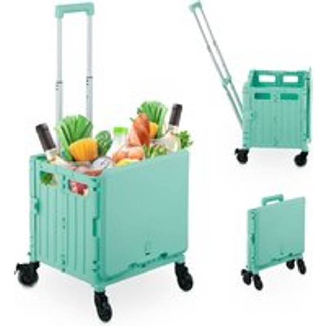 Foldable Shopping Trolley, Collapsible Basket on 4 Wheels, up to 35 kg Capacity, Telescopic Handle, Turquoise - Relaxdays
