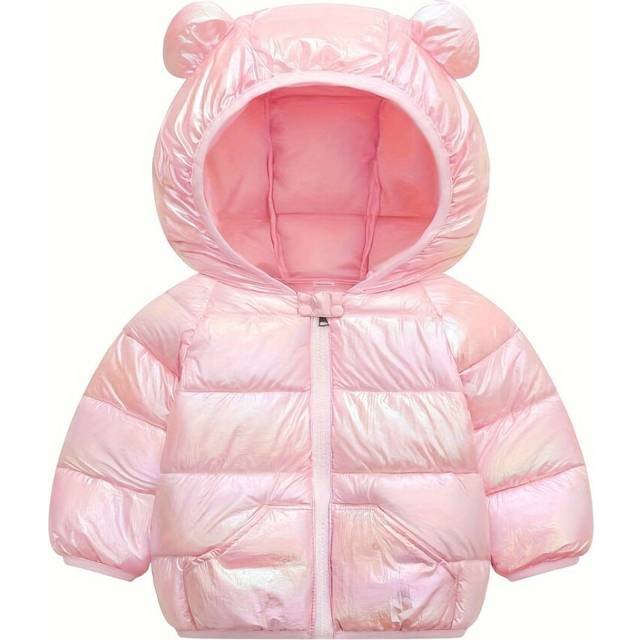 (Pink Color, 1-2Y) Sweet Metallic Padded Jackets For Girls, Lightweight Shiny Cute Hooded Snow Suits For Fall Winter