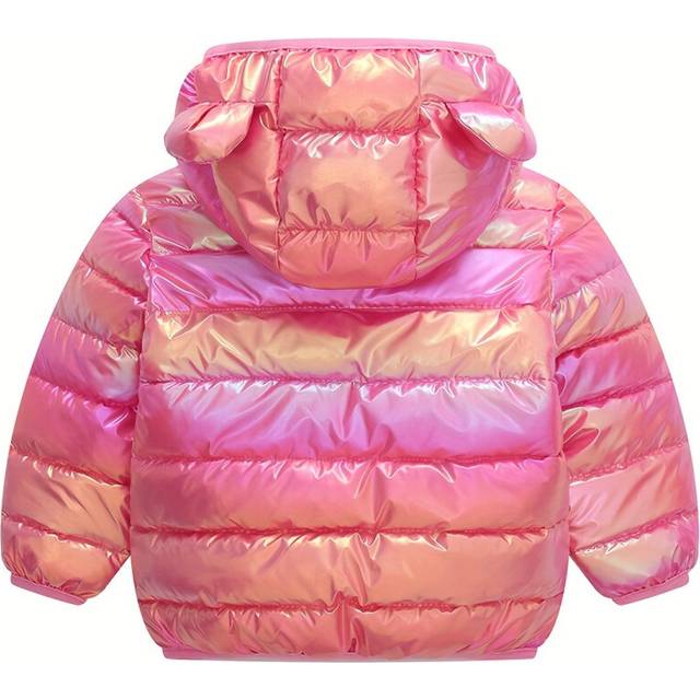 (Rose Red, 1-2Y) Sweet Metallic Padded Jackets For Girls, Lightweight Shiny Cute Hooded Snow Suits For Fall Winter