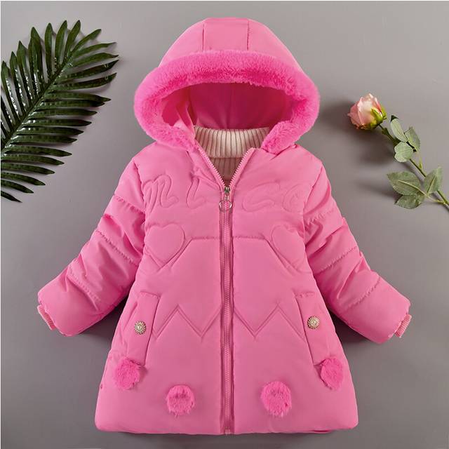 (Watermelon red, 1-2Years) Kids Girl Winter Coat Fur Hooded Parka Jacket Warm