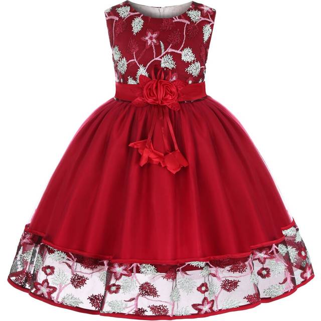 (120cm, Wine Red) Girls' Party Dress 2-10 Years Flower Wedding Dress Elegant Formal Dress