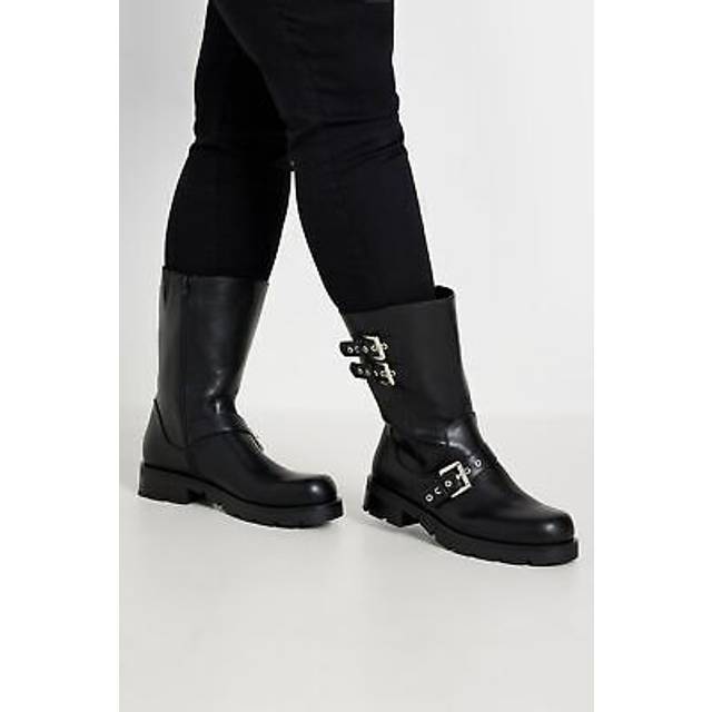 Black Faux Leather Biker Calf Boots In Extra Wide eee Fit - 9EEE