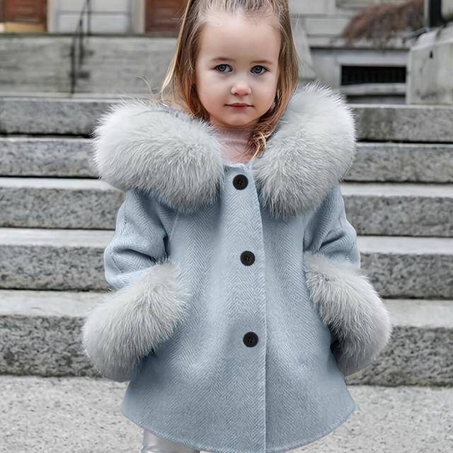(Bright Steel Blue, 3-4Y) Little Girls Furry Hooded Coat Outerwear With Pockets, Fall/ Winter Thick Solid Coats