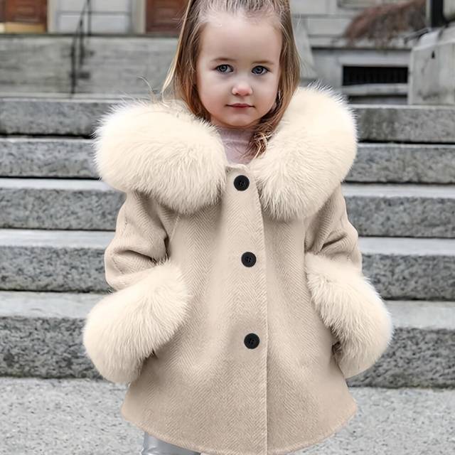 (Beige, 7-8Y) Little Girls Furry Hooded Coat Outerwear With Pockets, Fall/ Winter Thick Solid Coats
