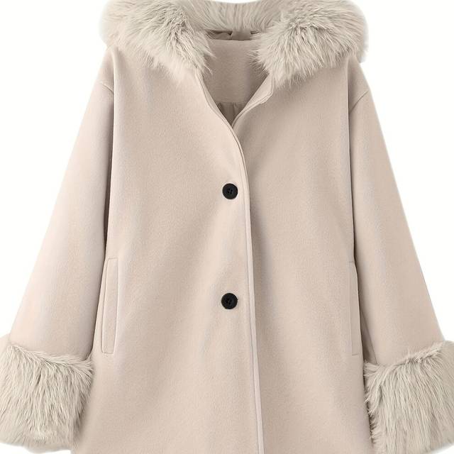 (Beige, 5-6Y) Little Girls Furry Hooded Coat Outerwear With Pockets, Fall/ Winter Thick Solid Coats For Kids Girls