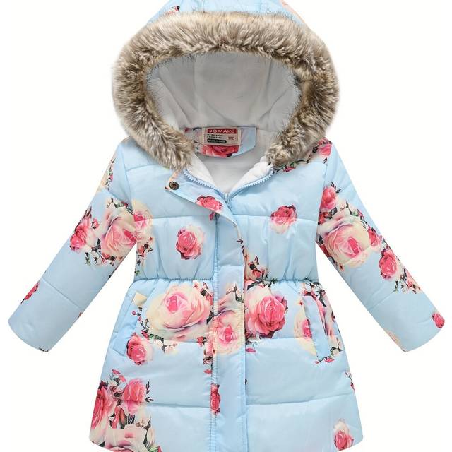 (Light Blue, 140) Children's Girls Puffer Coat Flowers Print Zipper Hooded Fleece Warm Jacket Winter Kids Clothes