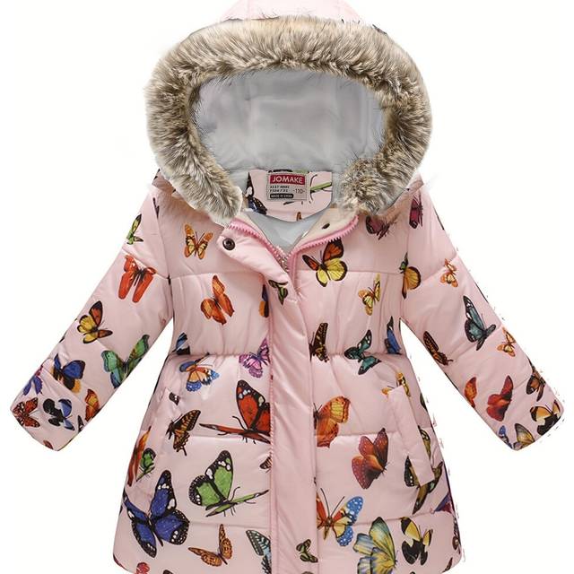 (Pink Color, 140) Children's Girls Puffer Coat Flowers Print Zipper Hooded Fleece Warm Jacket Winter Kids Clothes