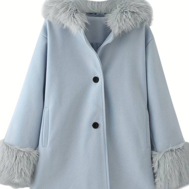(Bright Steel Blue, 9-10Y) Little Girls Furry Hooded Coat Outerwear With Pockets, Fall/ Winter Thick Solid Coats For Kids Girls