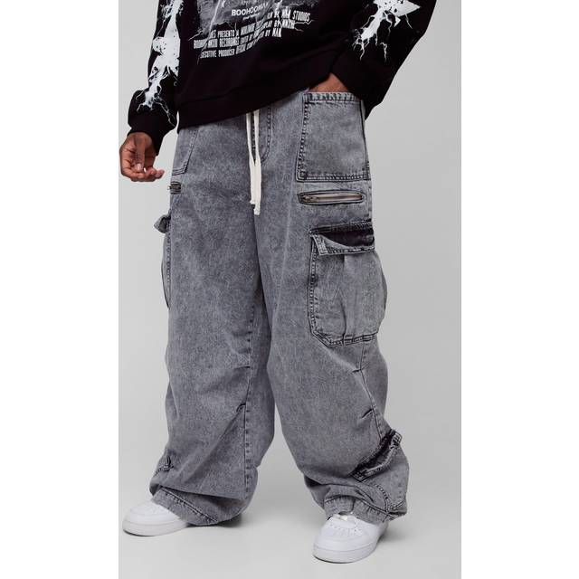 Tall Elasticated Waist Acid Wash Parachute Cargo Jeans - Grey - 36
