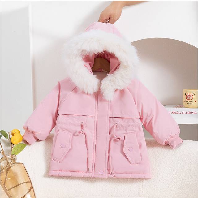 (Pink, 1-2Years) Baby Kids Girls Coat Fur Hooded Parka Jacket Warm
