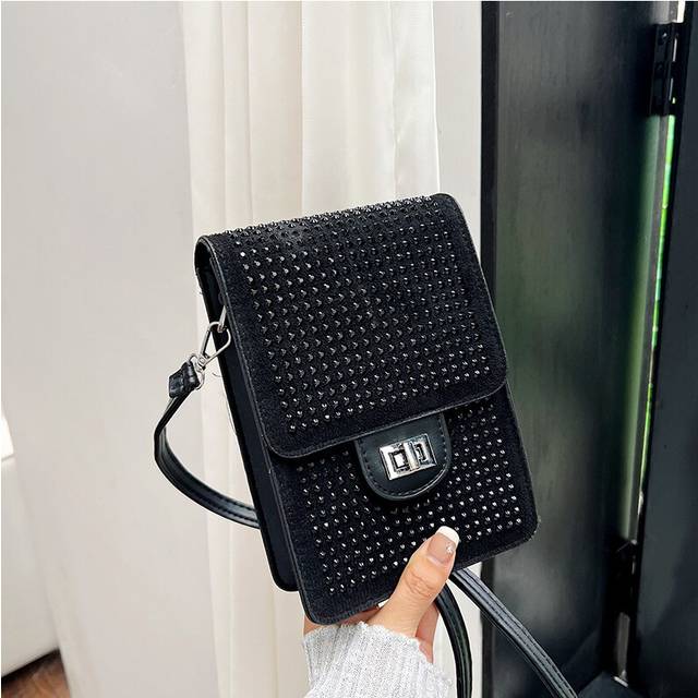 (Black) New 2024 Classy Phone Bag Small Velvet Crossbody Handbag For Stylish Everyday Fashion