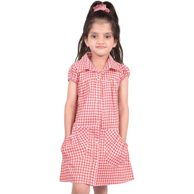(9-10 Years, Red) Girls School Uniform Gingham Check Print Dress