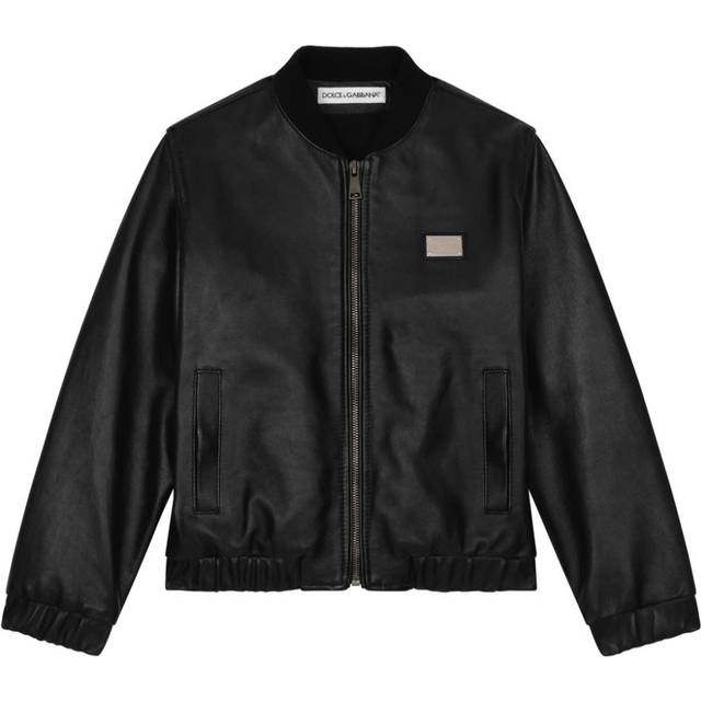 Dolce & Gabbana Kids - logo-plaque nappa leather jacket - kids - Viscose/Sheepskin - 12+ - Black