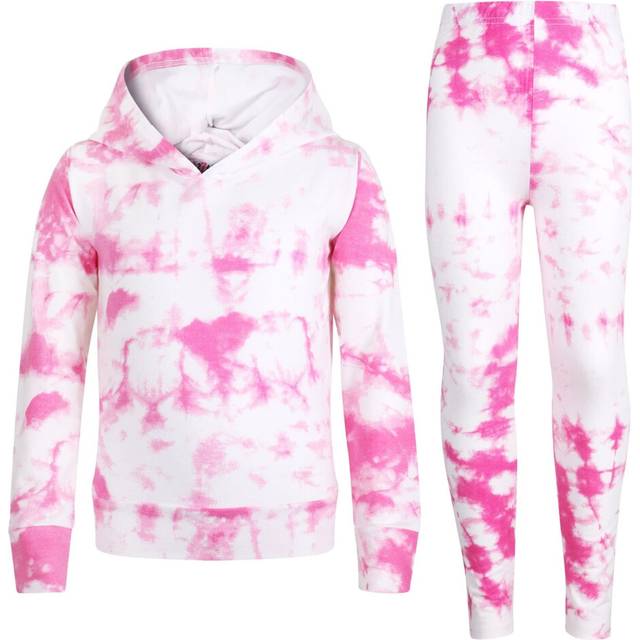 (7-8 Years, Pink) Girls Tie Dye Pink Hooded Legging Set Activewear