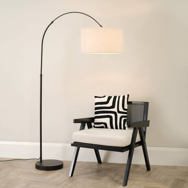 Louis Black Arched Curved Floor Lamp with Boucle Drum Lamp Shade - Cream - One Size
