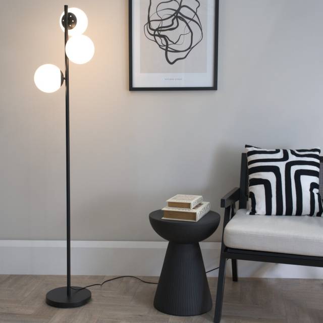 Jas Chrome 3 Way Floor Lamp with White Frosted Glass Globe Shades - led Bulbs Included