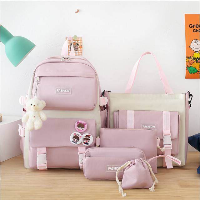 (Light pink) 5pcs/set Kawaii Cute School Backpack, Preppy College Laptop Bookbag