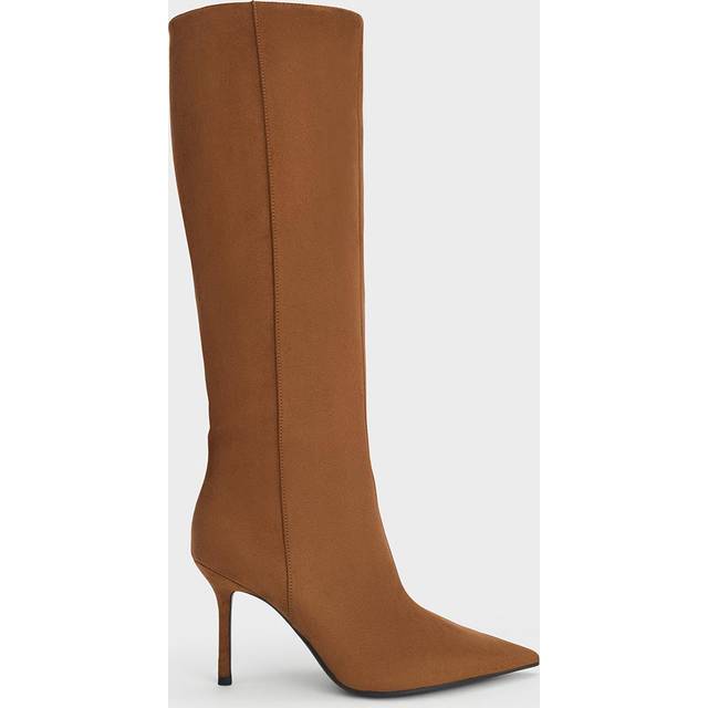 Charles & Keith - Faux Suede Pointed-Toe Stiletto-Heel Knee-High Boots - Cognac - UK 4
