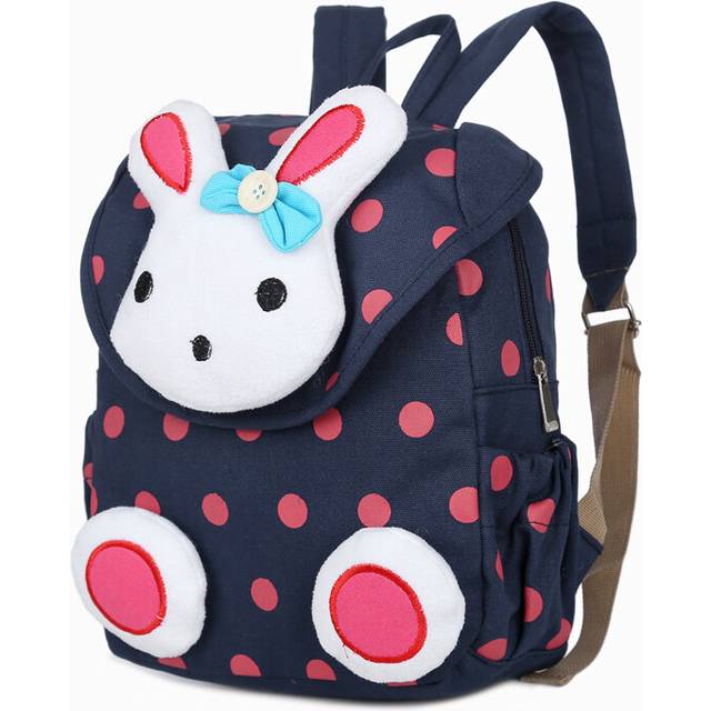 (Blue) Durable Canvas Kids Backpack Cute Bunny Character Fun Polka Dot Design For Toddlers