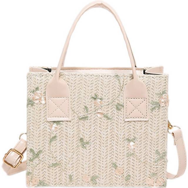 (OffWhite) Chic 2024 Summer Woven Floral Handbag For Women Pu Material Medium Square Shoulder Bag