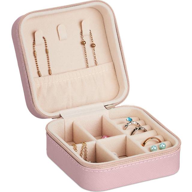 Relaxdays - Jewellery Case, Small Storage Box for Rings & Necklaces, for Travelling, hwd: 5 x 10 x 10 cm, Pink