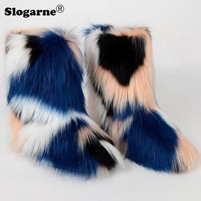 (36, Colour 02) Women's Winter Fluffy Faux Fox Fur Boots Woman Plush Warm Snow Boots Luxury Footwear Girls' Furry Fur Bottes Fashion Winter Shoe