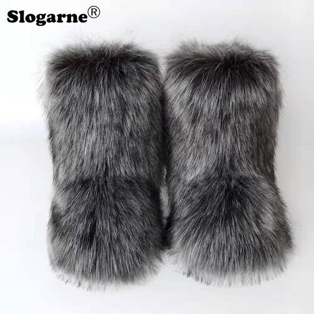 (38, Grey) Women's Winter Fluffy Faux Fox Fur Boots Woman Plush Warm Snow Boots Luxury Footwear Girls' Furry Fur Bottes Fashion Winter Shoe