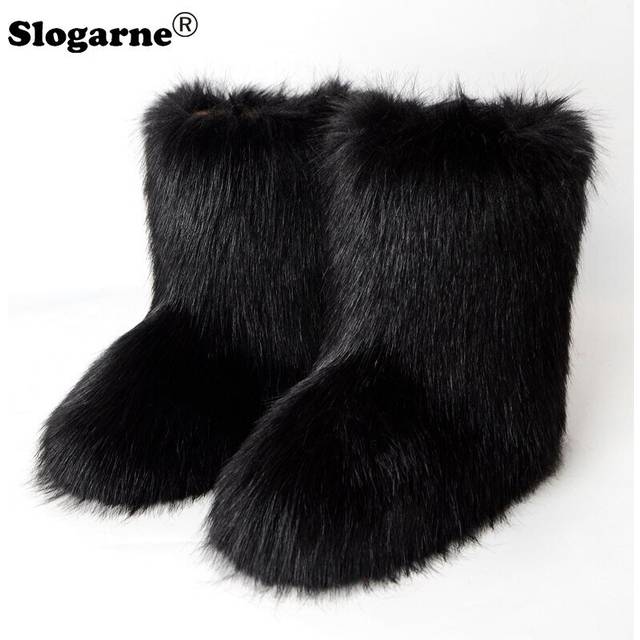 (39, Black) Women's Winter Fluffy Faux Fox Fur Boots Woman Plush Warm Snow Boots Luxury Footwear Girls' Furry Fur Bottes Fashion Winter Shoe