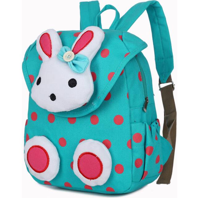(Green) Durable Canvas Kids Backpack Cute Bunny Character Fun Polka Dot Design For Toddlers